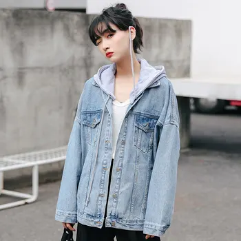 

Autumn Hooded Denim Jacket Female 2020 New Hooded Detachable Denim Clothing Korean Version Of Loose Casual Outwear Coat Jackets