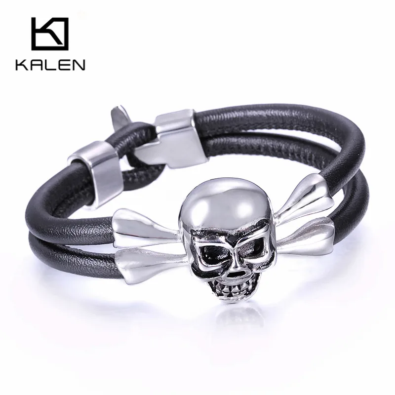 Мужской Готический Двухслойный Кожаный браслет из нержавеющей стали с черепом, индивидуальный Байкерский браслет 20 см, стильный аксессуар в стиле панк