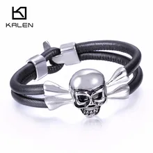 Мужской Готический Двухслойный Кожаный браслет из нержавеющей стали с черепом, индивидуальный Байкерский браслет 20 см, стильный аксессуар в стиле панк