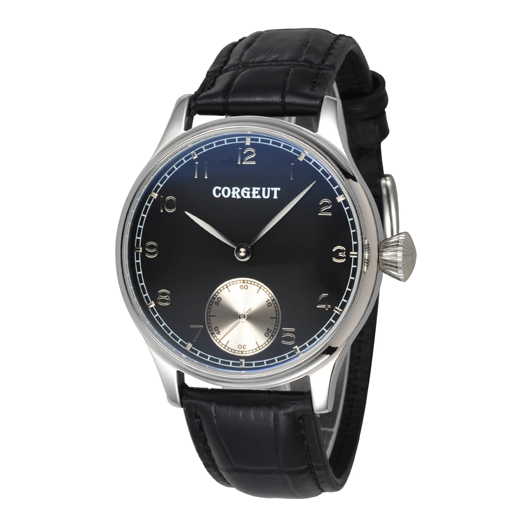 

Corgeut 44mmMens Mechanical Watch 316L SS Case Black Sterile Dial Silver Subdail Clock 6498 Hand Winding Movement Watches