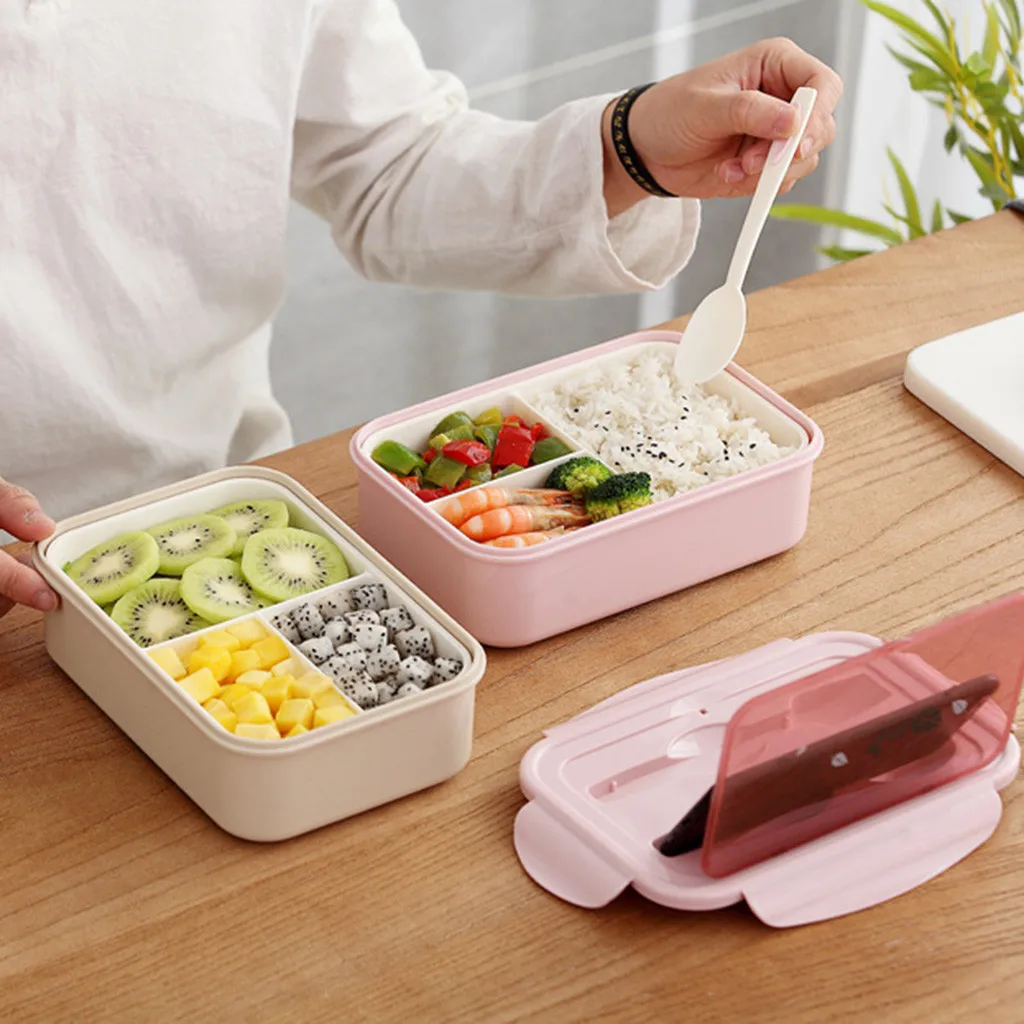 Японский стиль, микроволновая печь с подогревом, двухслойный Bento Box, трехсекционная перегородка, прямоугольный пластиковый Ланч-бокс, набор