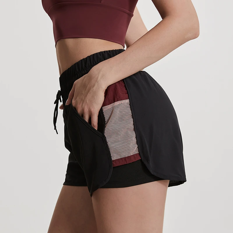 Mesh Yoga Womenshorts Gym 2 in 1 Double Layer Shorts Side Pocket Running High Waist Shorts Quick Dry Workout Fitness Sportwear
