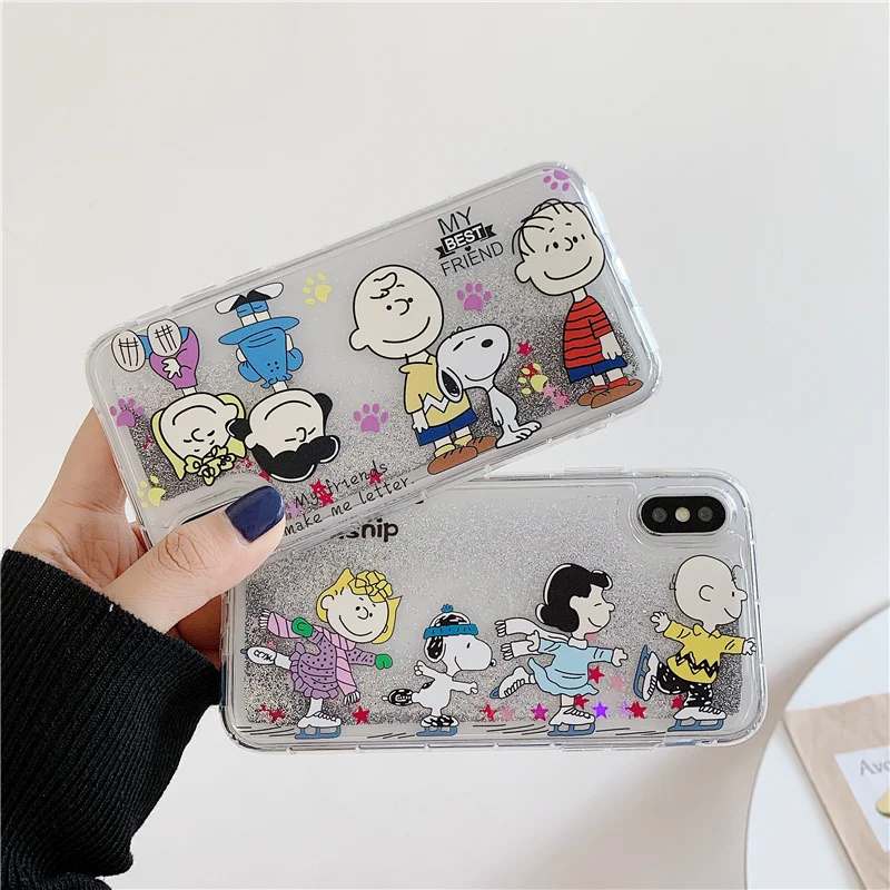 

PEANUTS dog Japan cartoon Charlie quicksand case for iPhone 11 Pro xr x xs max 8 7 6s 6 Plus glitter shockproof telephone cover