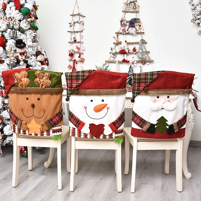 Cartoon Red Plaid Linen Santa Snowman Deer Christmas Chair Cover Kitchen Table Covers Happy New Year Party Decor | Дом и сад