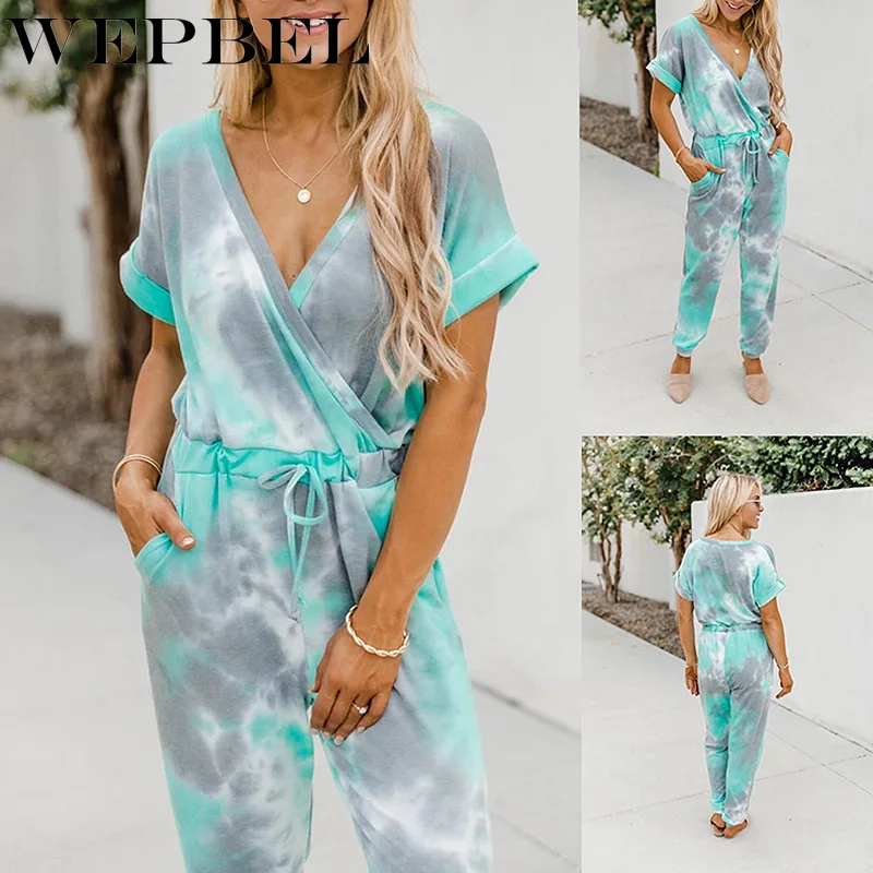 

WEPBEL Autumn Fashion Tie-Dyed Printed Loose Jumpsuit Women's Casual Short Sleeve V-neck Lace-up Straight Jumpsuit