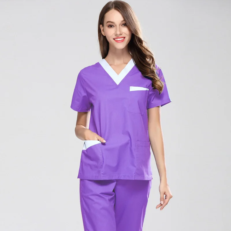 Women's Color Blocking Scrubs Set or Scrub Top Short Sleeve V Neck Top Doctor Nurse Dentist Workwear Pure Cotton Medical Uniform