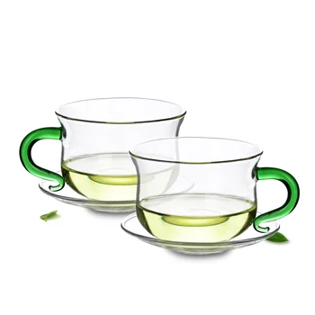 

Lots Tea Set-1x 140ml Green Handle Heat-Resisting Glass Tea Cup+1x Saucer 90mm