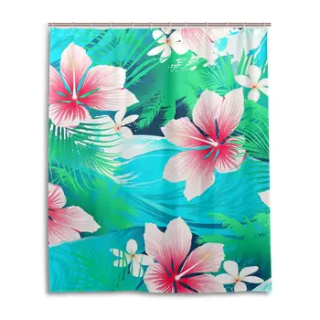 

White Hibiscus Flowers Green Leaves Polyester Fabric Bathroom Curtain