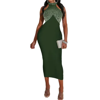 

Green Elegant Cocktail Dress Ankle Length Beading Sleeveless Sheath Halter Neck Night Club Women Evening Gowns Cocktail Dresses