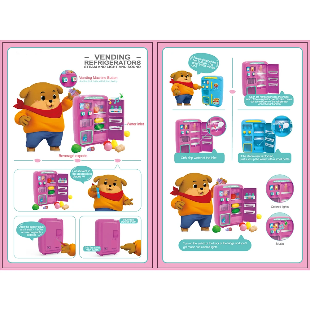 Safe Double-door Refrigerator Kids Steam Manual Vending Toy Set Birthday Cartoon Play House Colorful Light Electric Simulated | Игрушки и