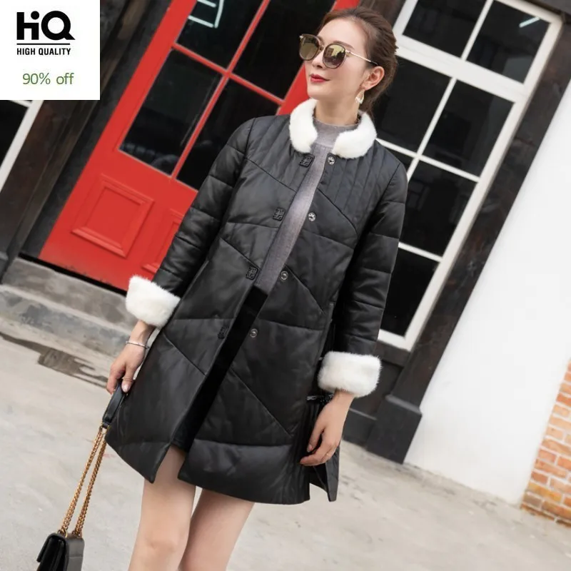 

Winter Warm Mid Long Down Jacket Overcoat Mink Fur Collar Genuine Leather Jacket Elegant Ladies Warm Sheepskin Female Long Coats