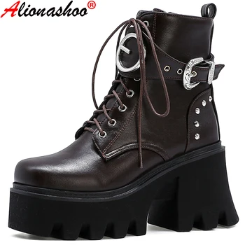 

Aliona Shoo Sexy Rivet Autumn Boots Women Platform Boots Black Leather Gothic Punk Style Combat Boots For Women High Heels 35-44