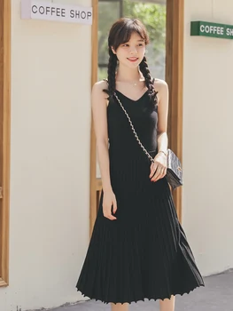 

Dress Knitted Camisole Underwear 2020 Spring New Style WOMEN'S V-neck Retro High-waisted Base Medium-length