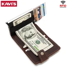 KAVIS Echtem Leder Automatische Crazy Horse Karte Halter ID Aluminium Männer Legierung Anti-Entmagnetisierung Brieftasche Geldbörse Dünne Kleine mini(China)