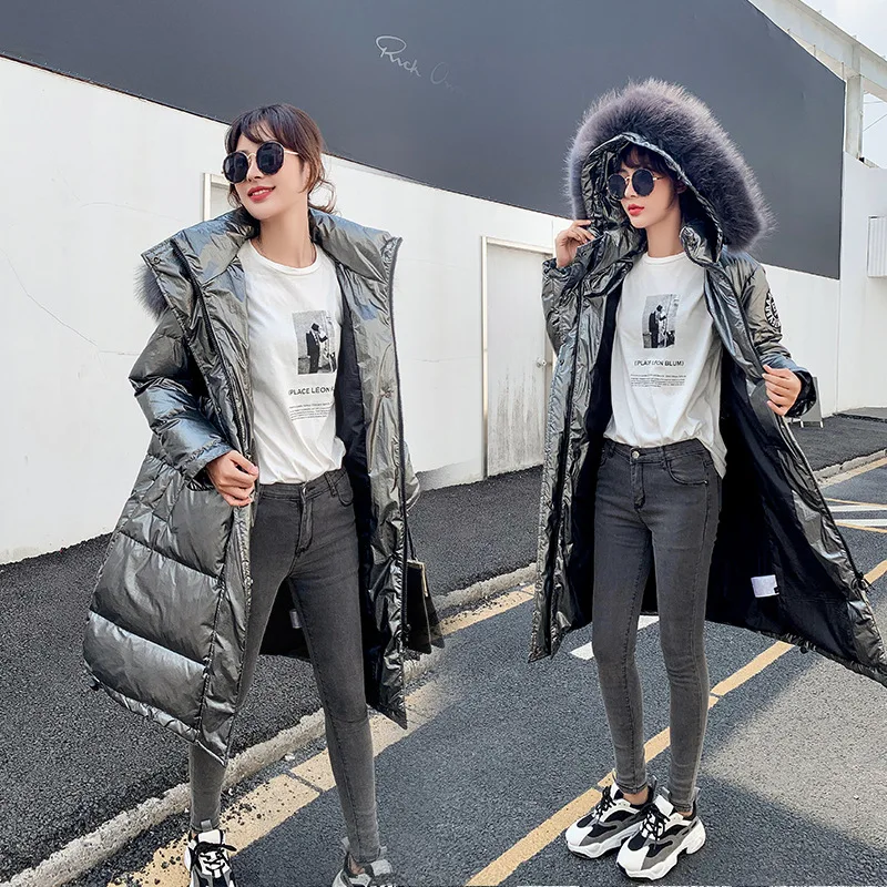 

2019 Winter Korean-style New Style Student Large Fur Collar Cotton Coat Mid-length Thick College Style Bright Surface Cotton-pad