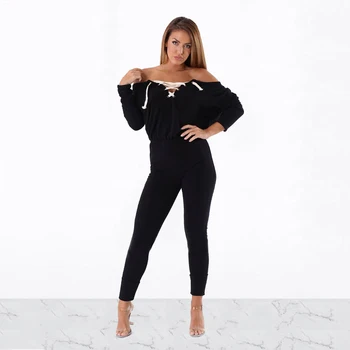 

Sexy Slash Neck Off Shoulder Solid Jumpsuit Women Long Sleeve Lace Up One Piece Overalls Spring Club Black Long Romper Plus Size
