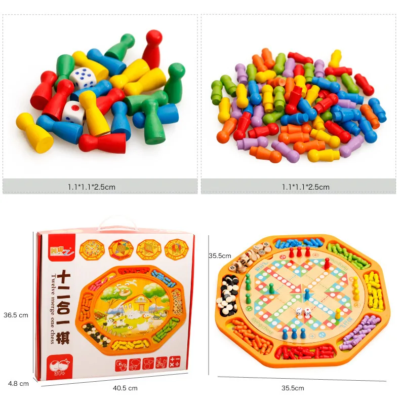 

MWZ Wooden Building Blocks Multi-functional Twelve One Checkers Flight Five-in-a-row Table Game Educational Toy