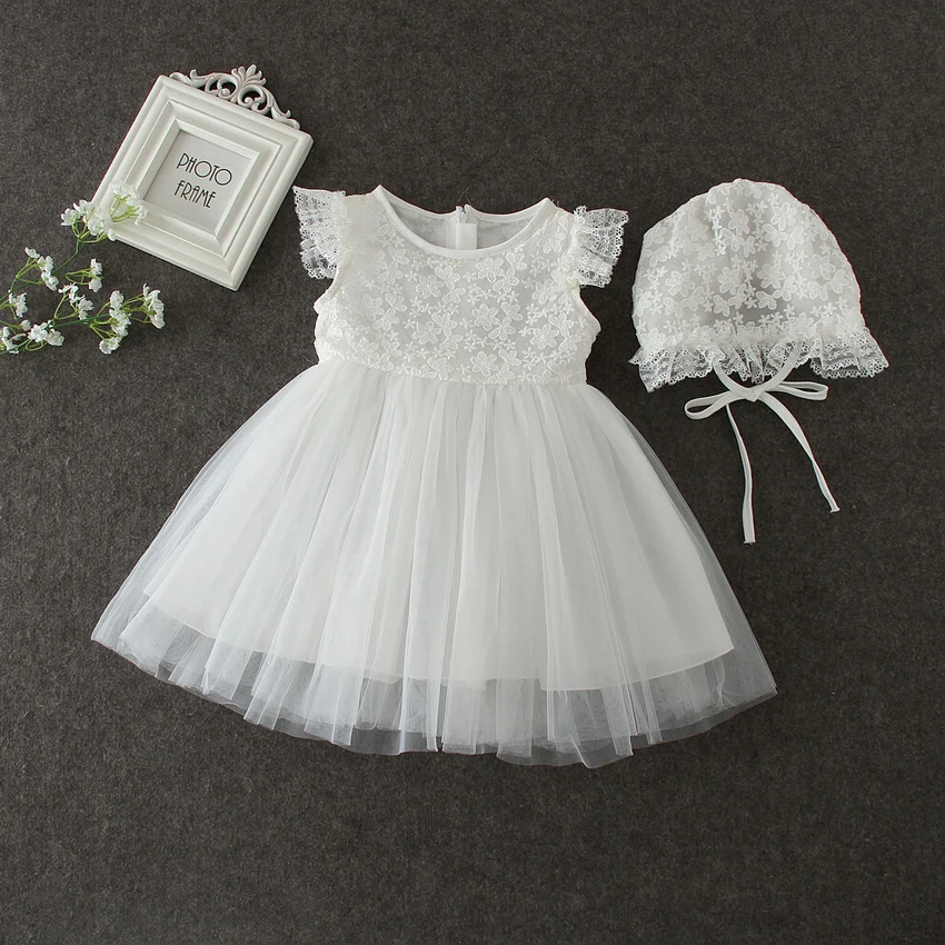Одежда для новорожденных; Кружевная блуза для маленьких девочек, платье для крещения, платье для малышей, платье для дня рождения с шапочкой для девочек модная вечерняя одежда вестидо - Цвет: Белый