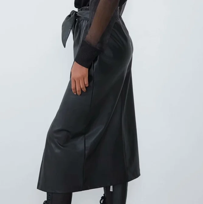 Осень, женская новая ретро юбка средней длины с высокой талией и бантом из искусственной кожи, бумажный мешок, юбка с эластичным поясом, 05427256800