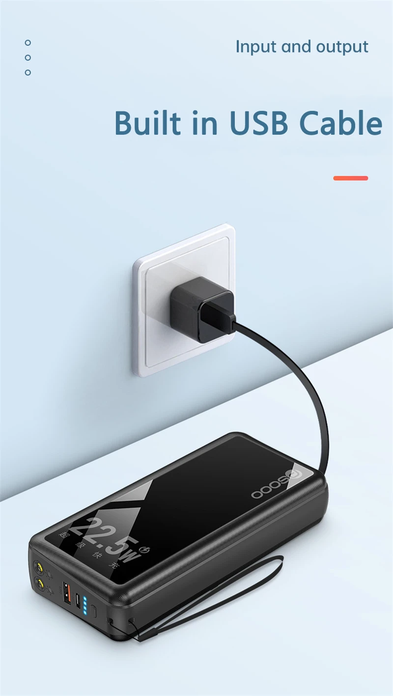 banco de potência embutido cabo plug carregamento rápido powerbank para iphone samsung xiaomi poverbank com lanterna