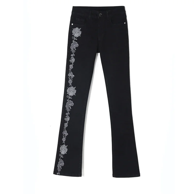 Весна осень высокая Талия Вышивка микро-динамик джинсы брюки тонкий среднего возраста прямые Клеш Женщин