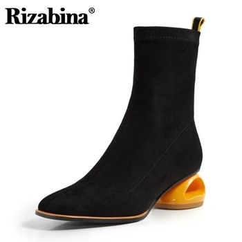 

Rizabina Women Ankle Boots Round Toe Strange Heel Slip On Shoes Flock Casual Party Shoes Female Footwear Winter Size 34-39