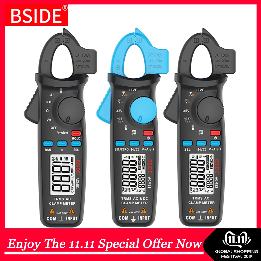 

Mini Digital Clamp Meters BSIDE ACM Series True DC AC Current Voltage Temp Capacitance Hz NCV Tester Ammeter Multimeter