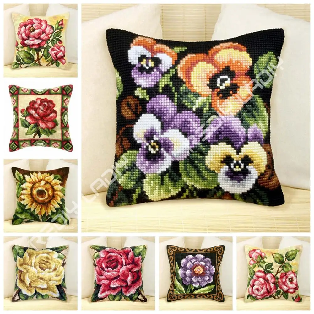 Kaufen Kreuz Stich Kissen Abdeckung Rosen Stiefmütterchen Sonnenblumen Kissen 100% Acryl Garn Kissen Fall Klobigen Kreuz Stich Kits Kunst   handwerk