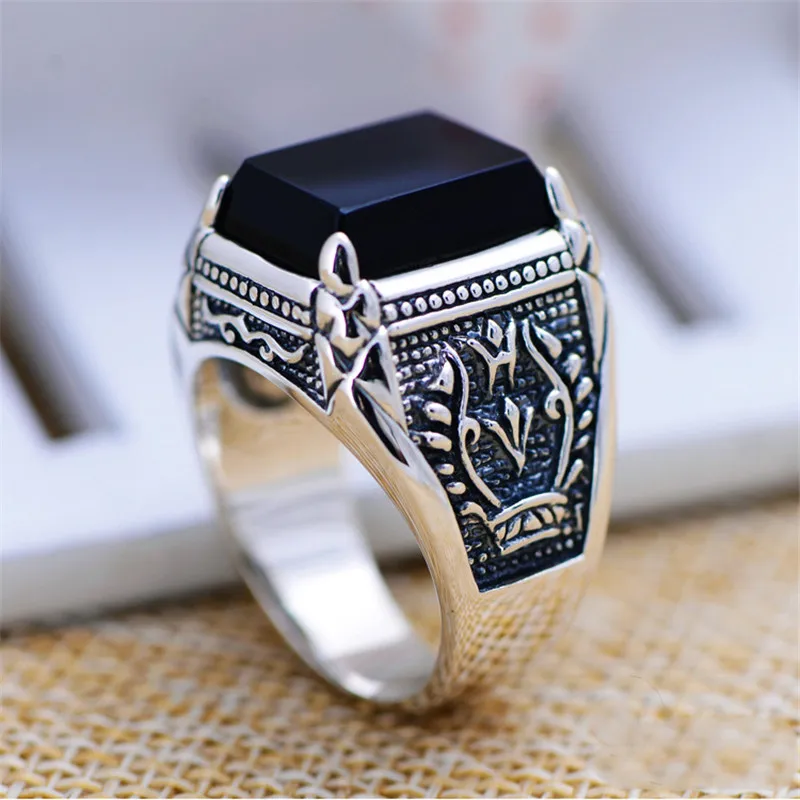 Skup V. YA 925 srebrny pierścień dla mężczyzn kobieta grawerowane czarny cyrkon moda Sterling Thai srebrny pierścień biżuteria