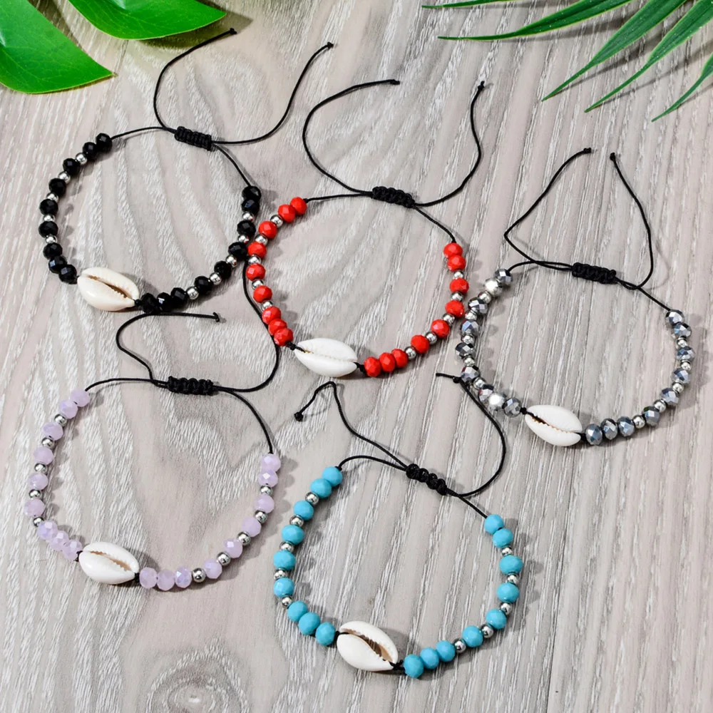 

Bohemian Crystal Beads Shell Charms Bracelet Handmade Woven Rope Chain Bracelet for Women Girls Ethnic Adjustable Cuff Jewelry