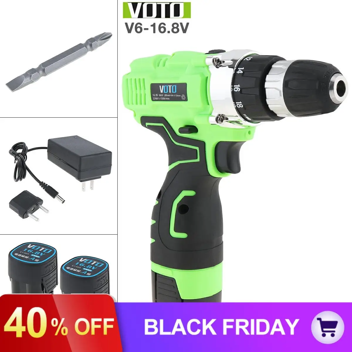

VOTO AC 100-240V Cordless Max 16.8V Electric Screwdriver with 2 Li-ion Batteries and Two-speed Adjustment Button