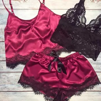 

Women Sleepwear Set Nightwear Set Lace Bra Stain Camisole Pajamas Bowknot Shorts Lingerie Set сексуальное белье #2A08