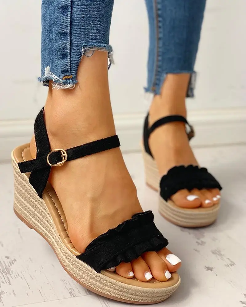 

Women Macrame Wedge Sandals Mid Heel Wedges Laciness Sandals Solid Flock Buckle Strap Open Toe Thick Heel Fashion Lady Shoes D30
