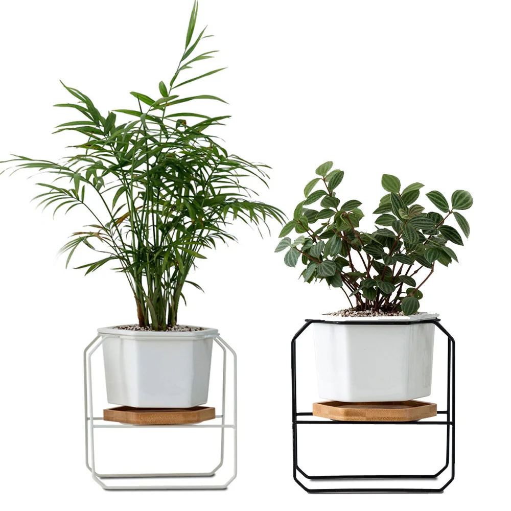Ceramic Plant Pot+ Iron Display Rack Garden Home Flower Pot Holder Set New