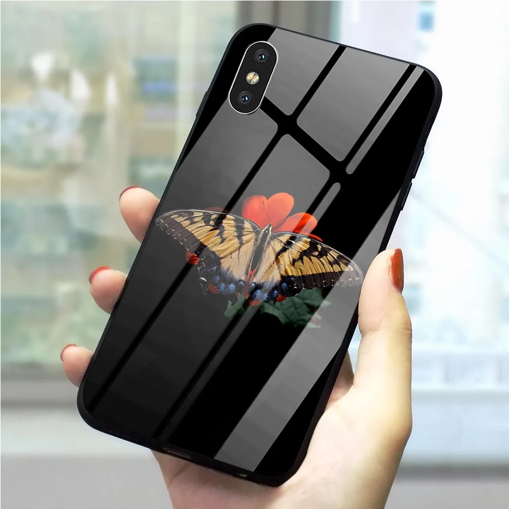 Чехол для телефона из закаленного стекла с рисунком бабочки для iPhone XR, чехол для телефона SE 6 6S 7 8 Plus X Xs XR 11 Pro Max 5 5S, чехлы для задней панели