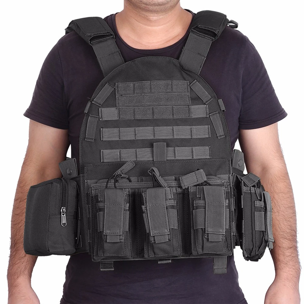 1000D Tactical Molle Vest Military Airsoft Combat Assault Plate Carrier Vest with 6 Accessories Pouch for Hunting Shooting CS