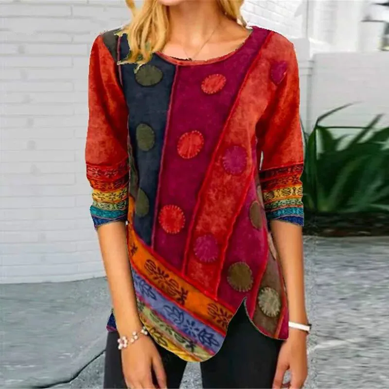 Primavera senhoras casual t-camisa confortável o-pescoço solto topos retalhos roupas femininas manga longa impressão macia pullovers feminino