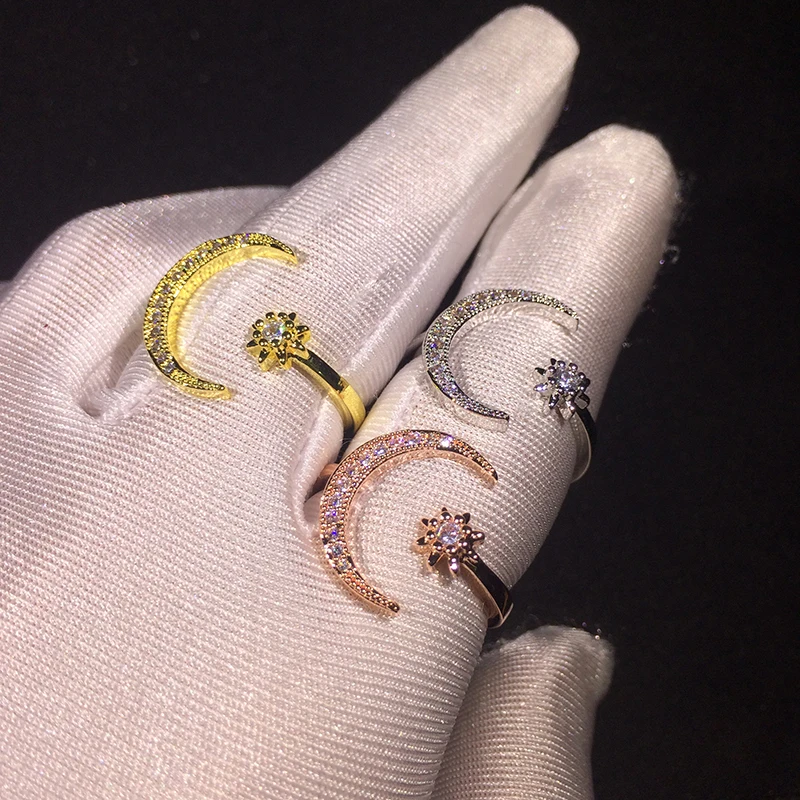 Симпатичные Луна и звезда регулируемые 925 пробы серебряные кольца с цирконием Bling Stone для женщин модные Свадебные обручальные ювелирные изделия 1