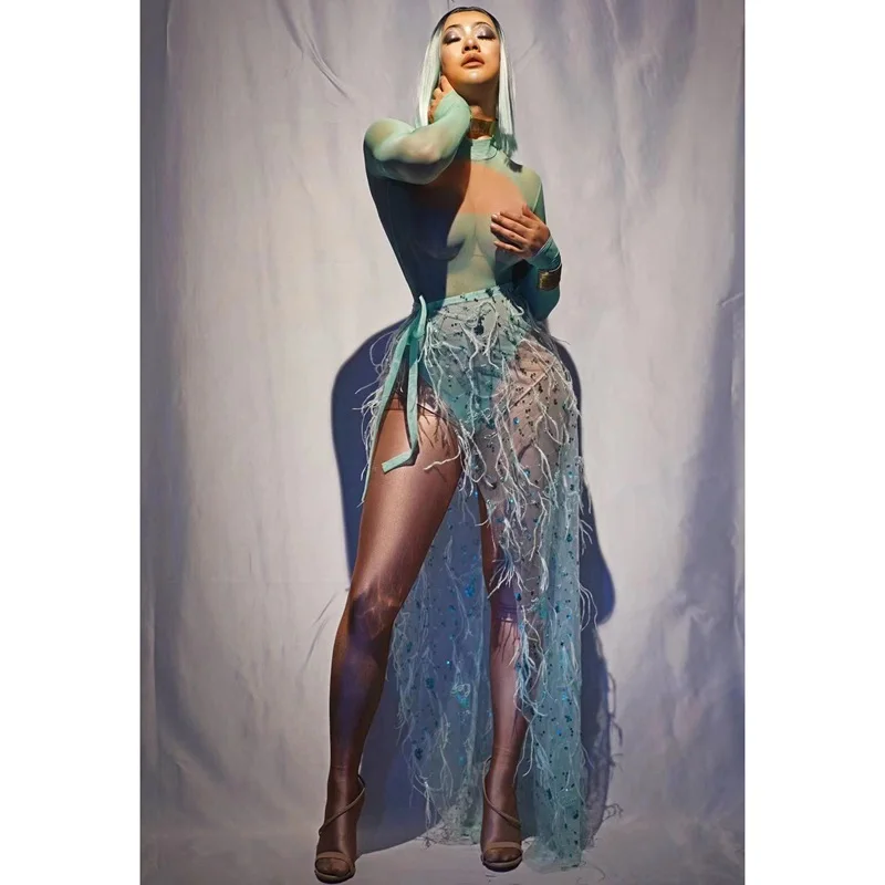 Fashion Tweedelige Set Top en Rok Lange Mouw Bodysuit Pailletten Mesh Veer Lange Rok Vrouwen Nachtclub Verjaardag Party Outfit Fashion Tweedelige Set Top en Rok Lange Mouw Bodysuit Pailletten Mesh Veer Lange Rok Vrouwen Nachtclub Verjaardag Party Outfit