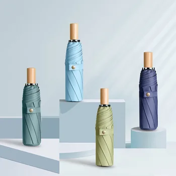 

Hipster Three-fold Umbrella Solid Wood Handle Sun-resistant Anti-UV umbrella Rain Or Shine Dual Purpose Umbrella clear umbrella