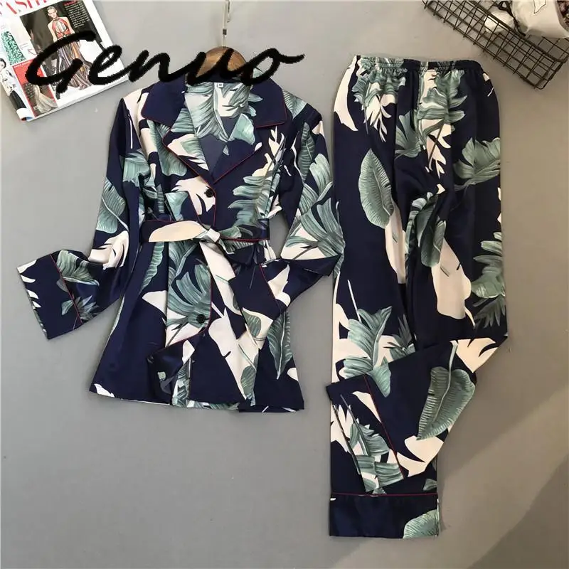 

Spring Printing Pattern Women Pajama Set Rayon Sleepwear Long Sleeve Trousers Two Paper Suit