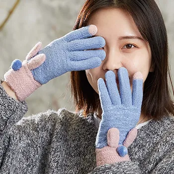 

Knitted Gloves Cute Rabbit Ear Touch Screen Women Thicken Winter Warm Gloves Girls Full Finger Soft Stretch Mittens 1 Pair