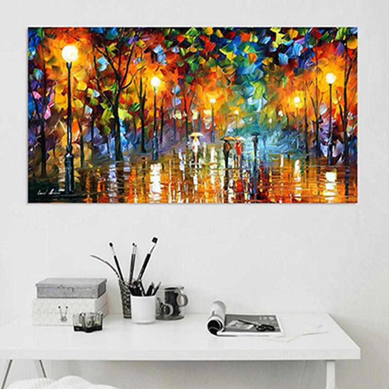 Home decoration Large hand-painted rain street tree lamp landscape oil painting on canvas wall art pictures for living room | Дом и сад