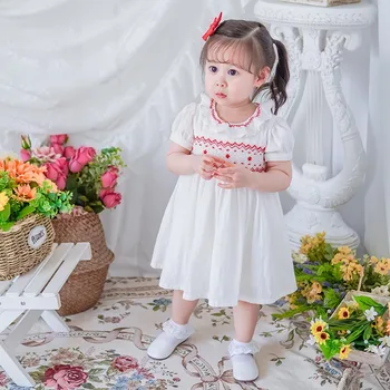 

2T-7T White Baby Girl Princess Dress summer European and American style Party skirt Lantern sleeve Embroidery dress