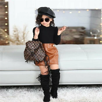 

Toddler Baby Girl Long Sleevet Cotton Tops High Neck Ladies T-shirt + Leather Skirt Clothes For Girls 2-7Y