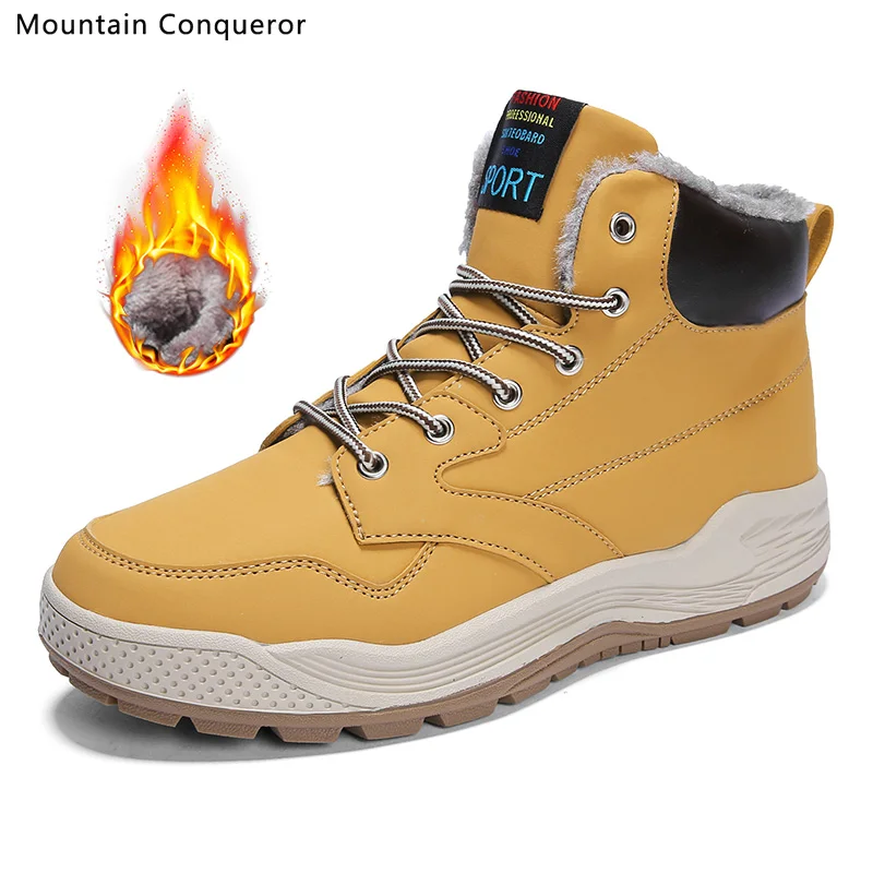

Mountain Conqueror Men Boots Men Winter Plush Shoes Size 39-48 Warm Ankle Botas PU Leather Snow Boots Mens Shoes Men Sneakers