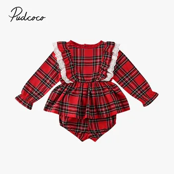 

Pudcoco Baby Girl Clothes Set Outfit My First Christmas Clothing Long Flare Sleeve Lace Tops Plaid Shorts Newborn Girls Cotton
