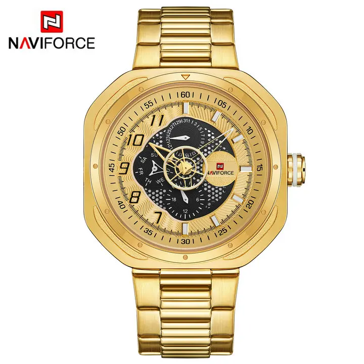 GOLD GOLD Синие кварцевые мужские часы, Топ бренд, роскошные NAVIFORCE, креативные квадратные часы для мужчин, стальной ремешок, календарь, деловые наручные часы - Цвет: GOLD GOLD