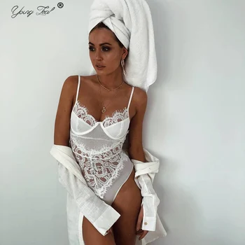 

2020 Lace Bodysuit Women Floral Embroidery Backless Bodysuit Body Femme Sexy Erotique Solid Mesh Jumpsuit Overalls Streetwear