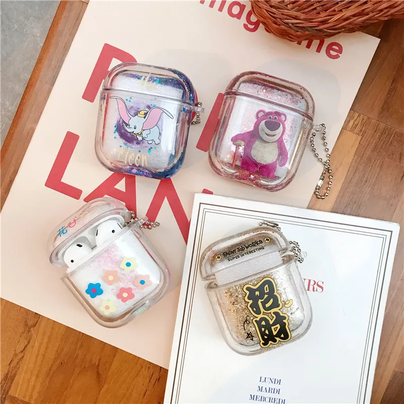 

Quicksand For Airpods Case Glitter Cartoon Bear Dumbo Cute Flower PC Hard Case for Apple Airpods 1 2 Accessories with Lanyards